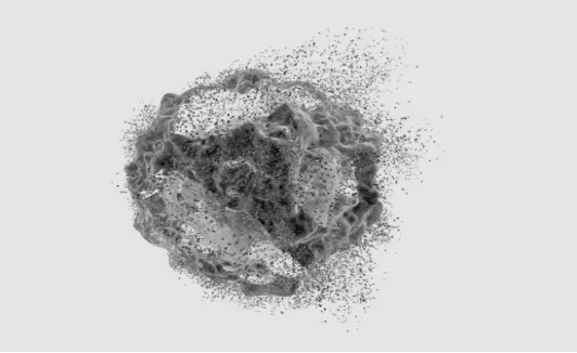 A monochromatic, abstract composition depicts a swirling mass of particles seemingly in motion, creating a sense of dynamic energy against a plain background